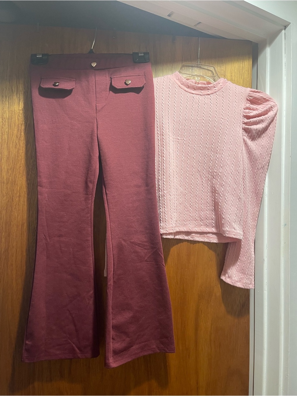 Girls High-Rise Flare Pants in Wine with coordinating shirt